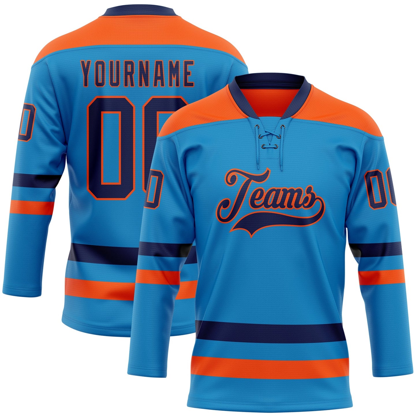 Custom Blue Navy-Orange Hockey Lace Neck Jersey - Main View