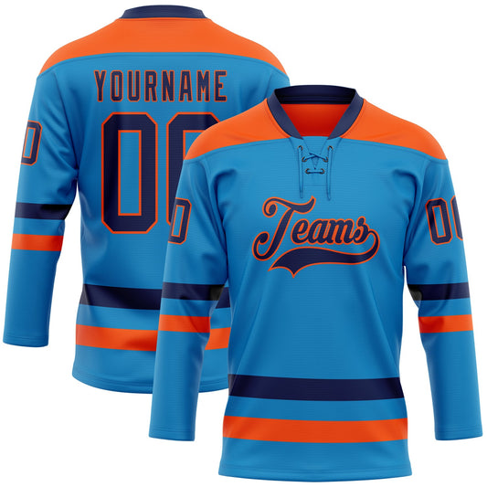 Custom Blue Navy-Orange Hockey Lace Neck Jersey - Main View