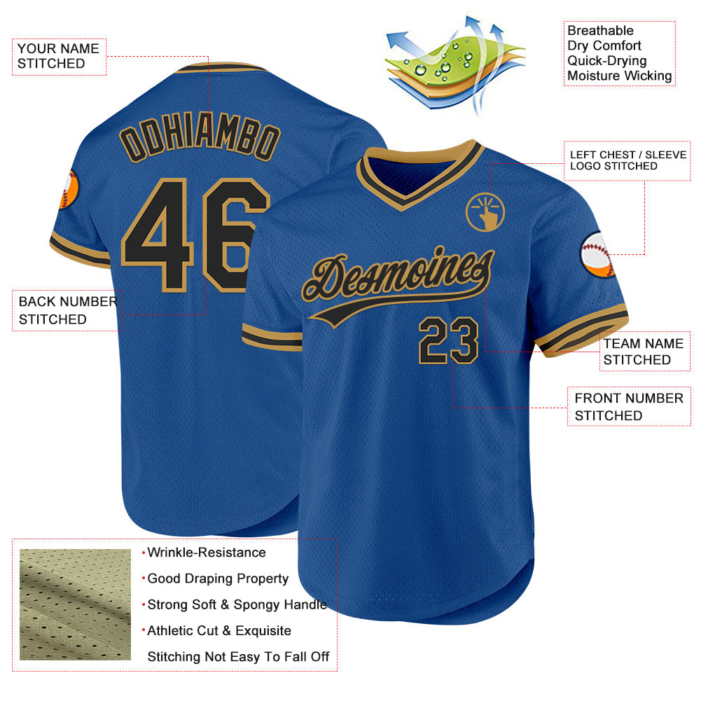 Custom Blue Black-Old Gold Authentic Throwback Baseball Jersey view 3