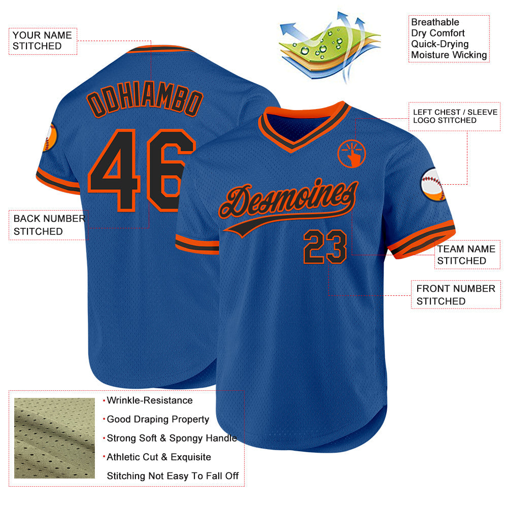 Custom Blue Black-Orange Authentic Throwback Baseball Jersey view 3
