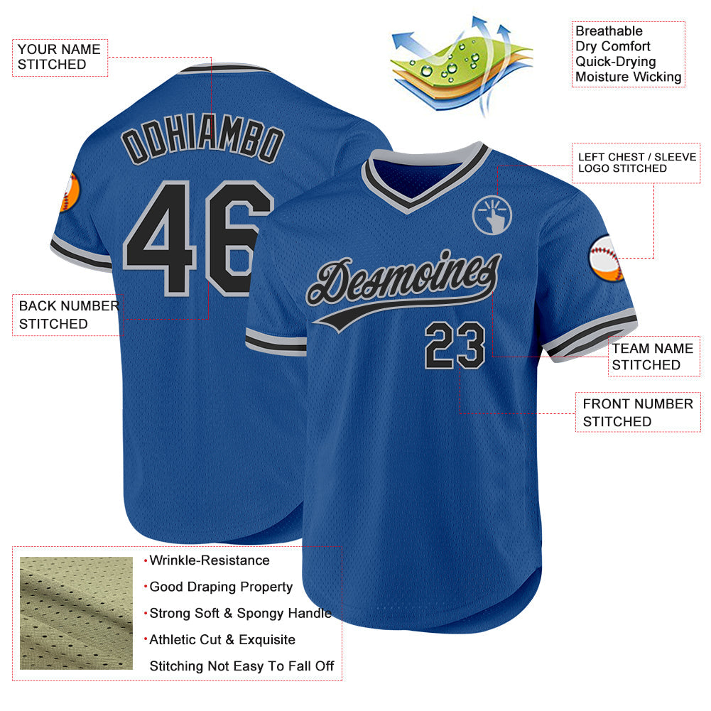 Custom Blue Black-Gray Authentic Throwback Baseball Jersey view 3