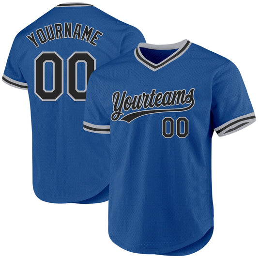 Custom Blue Black-Gray Authentic Throwback Baseball Jersey - Main View
