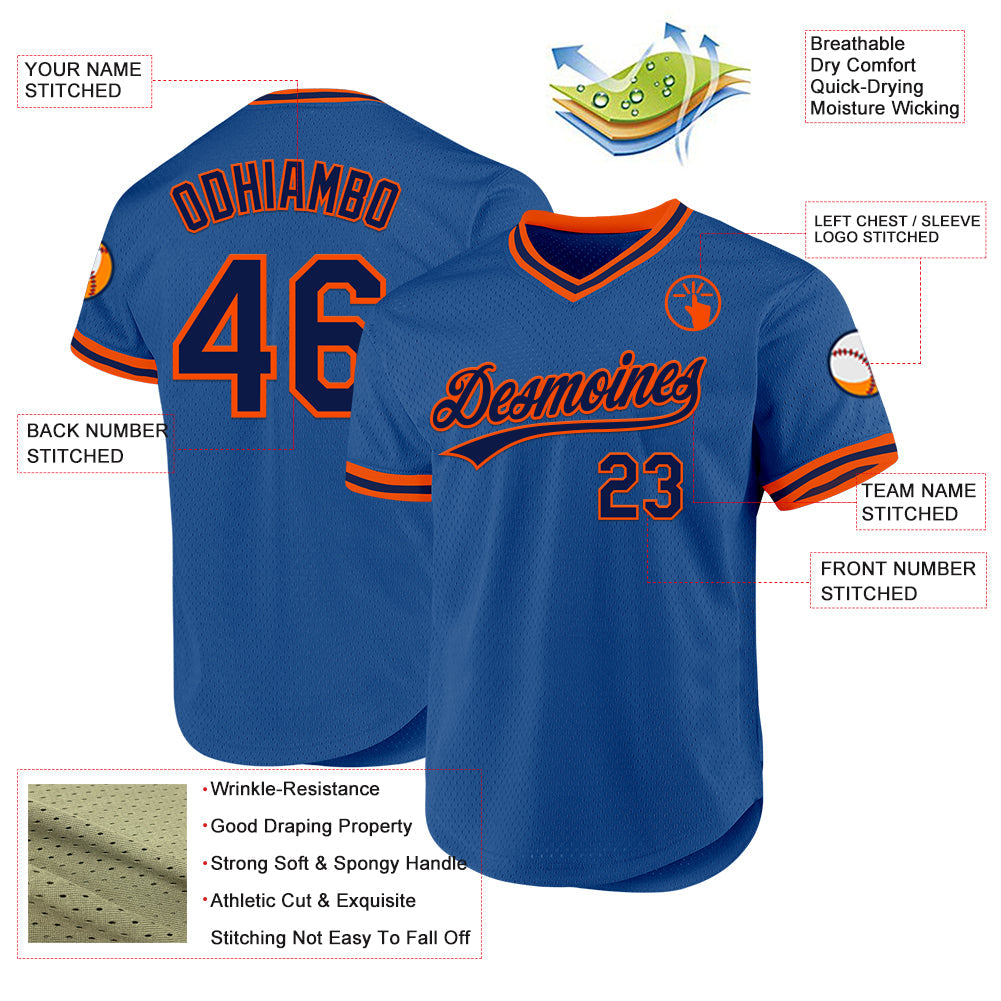 Custom Blue Navy-Orange Authentic Throwback Baseball Jersey view 3