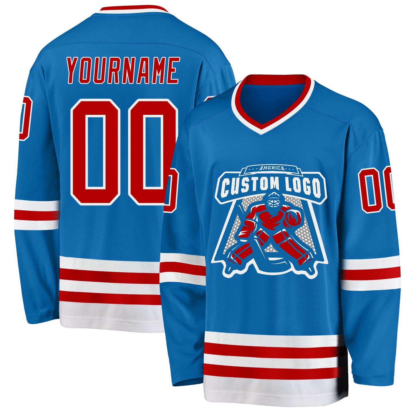 Custom Blue Red-White Hockey Jersey view 2