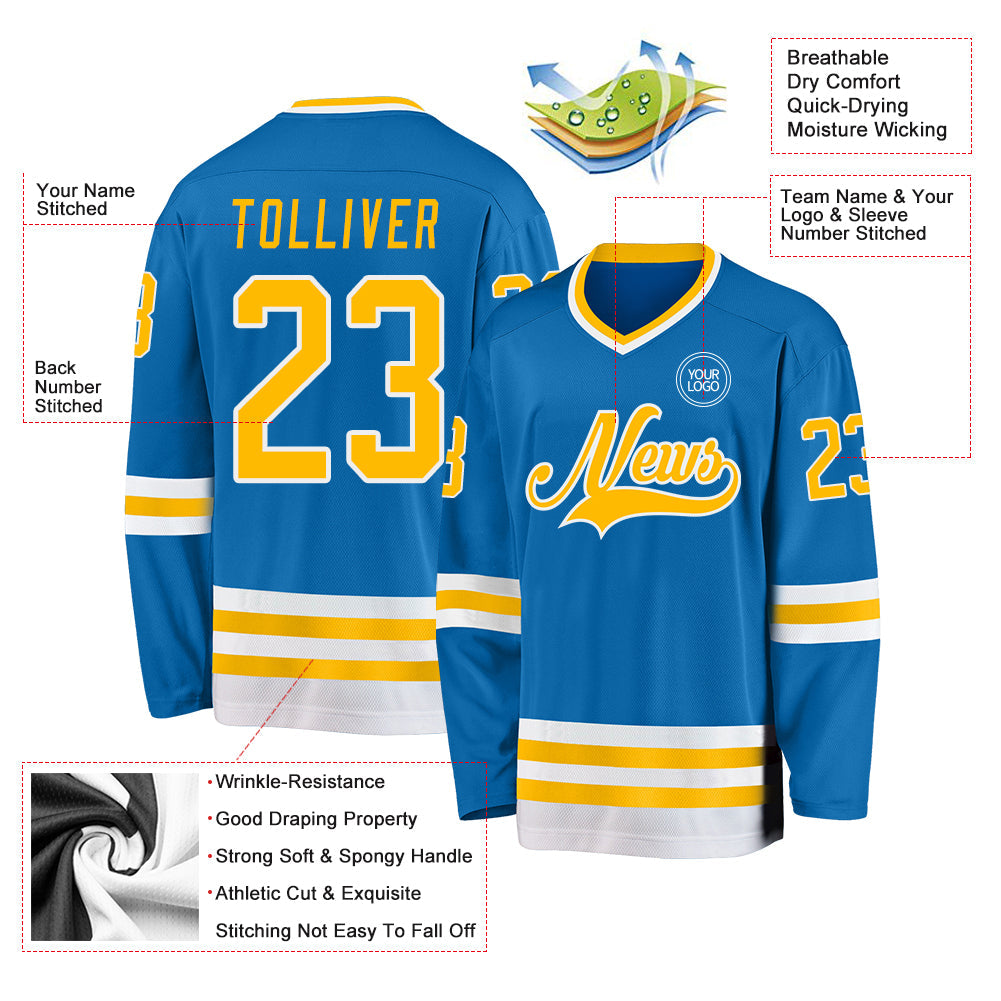 Custom Blue Gold-White Hockey Jersey view 3
