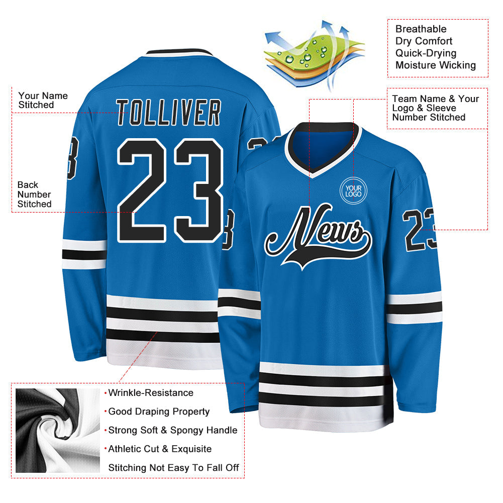 Custom Blue Black-White Hockey Jersey view 3