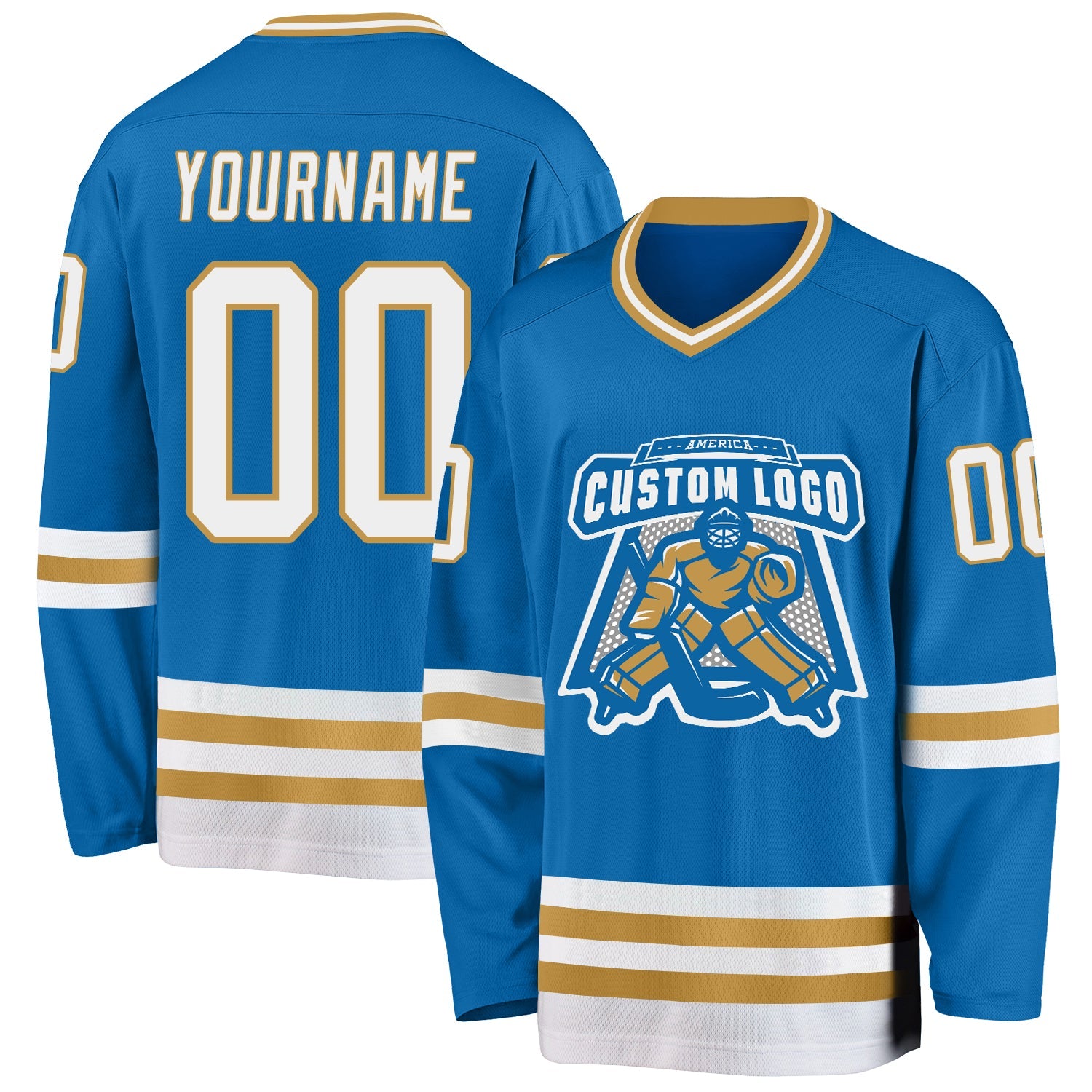 Custom Blue White-Old Gold Hockey Jersey view 2
