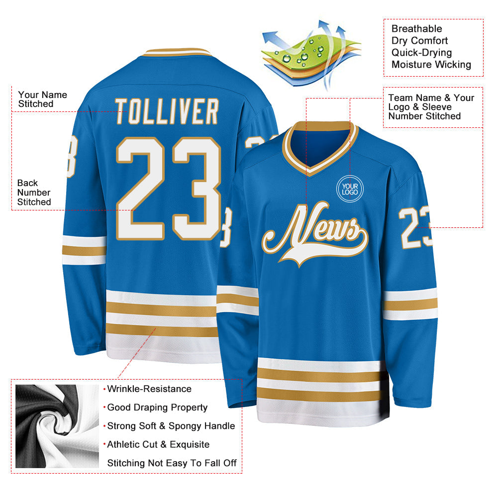 Custom Blue White-Old Gold Hockey Jersey view 3