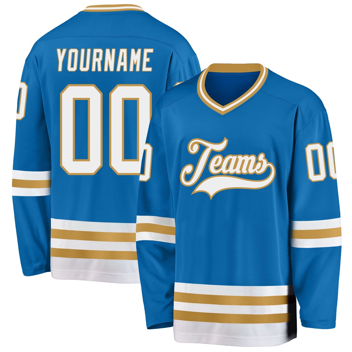 Custom Blue White-Old Gold Hockey Jersey - Main View