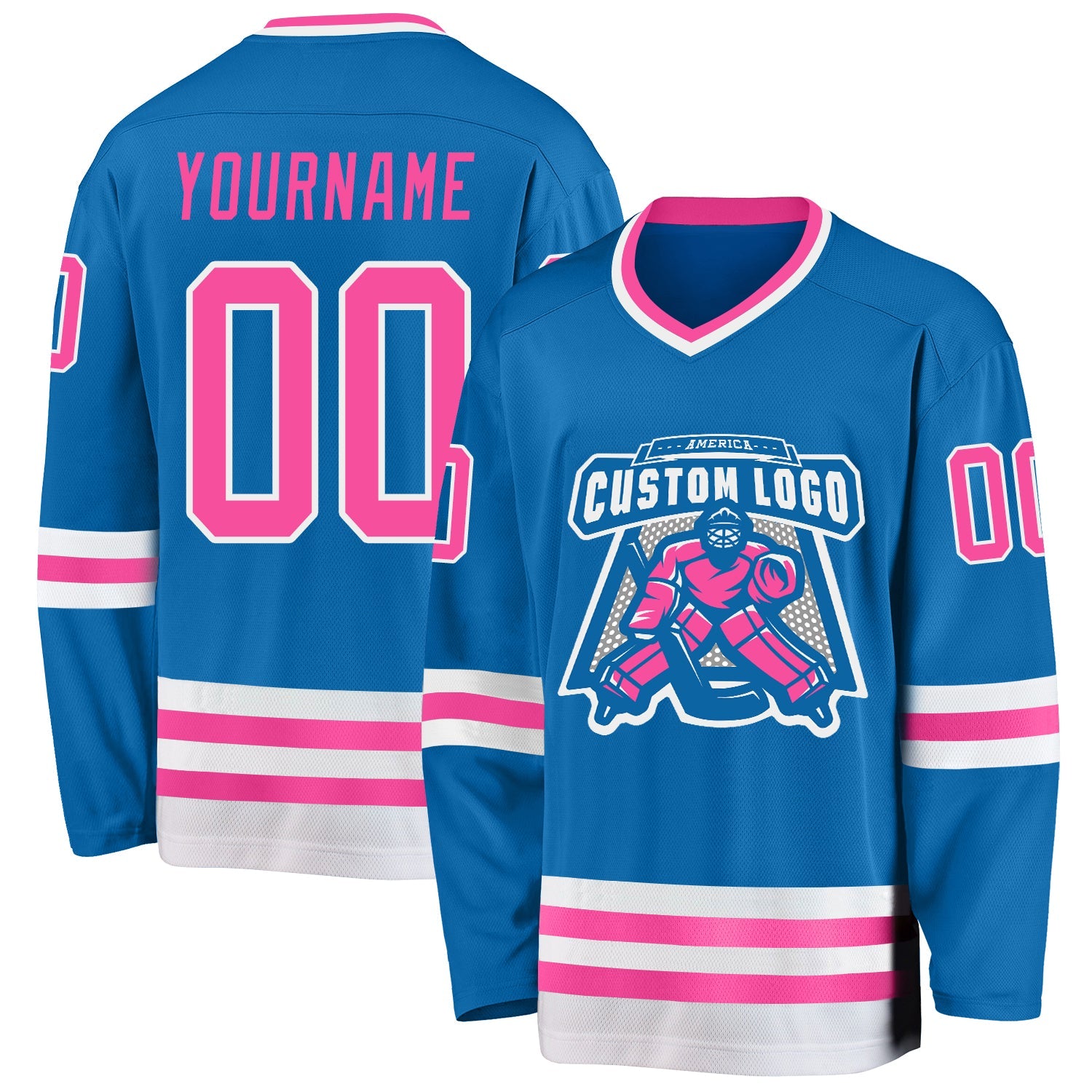 Custom Blue Pink-White Hockey Jersey view 2
