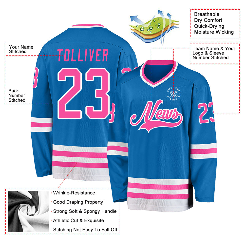 Custom Blue Pink-White Hockey Jersey view 3