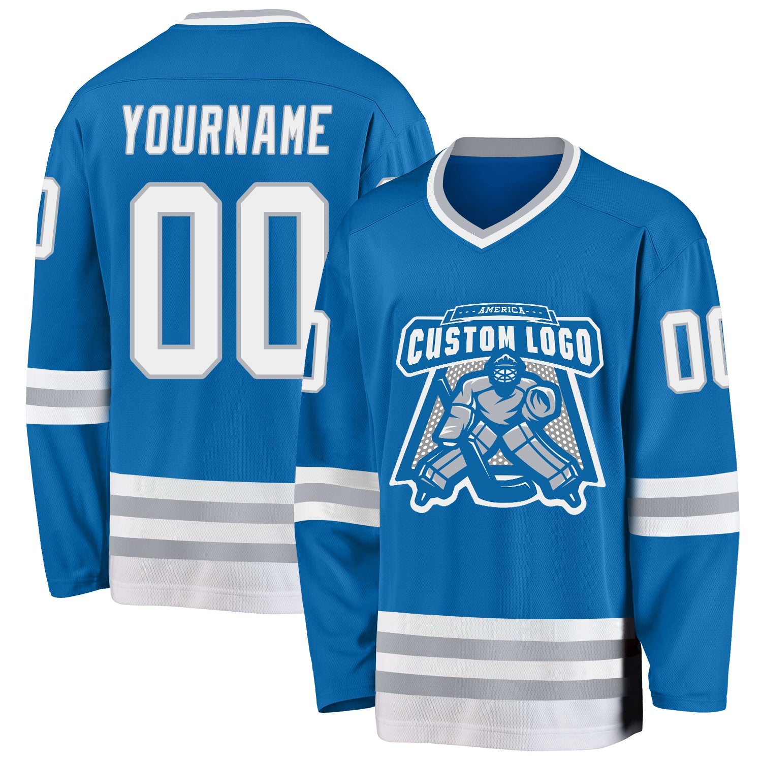 Custom Blue White-Gray Hockey Jersey view 2