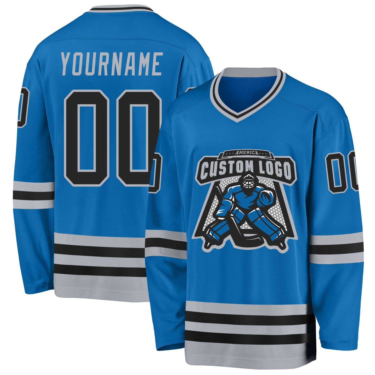 Custom Blue Black-Gray Hockey Jersey view 2
