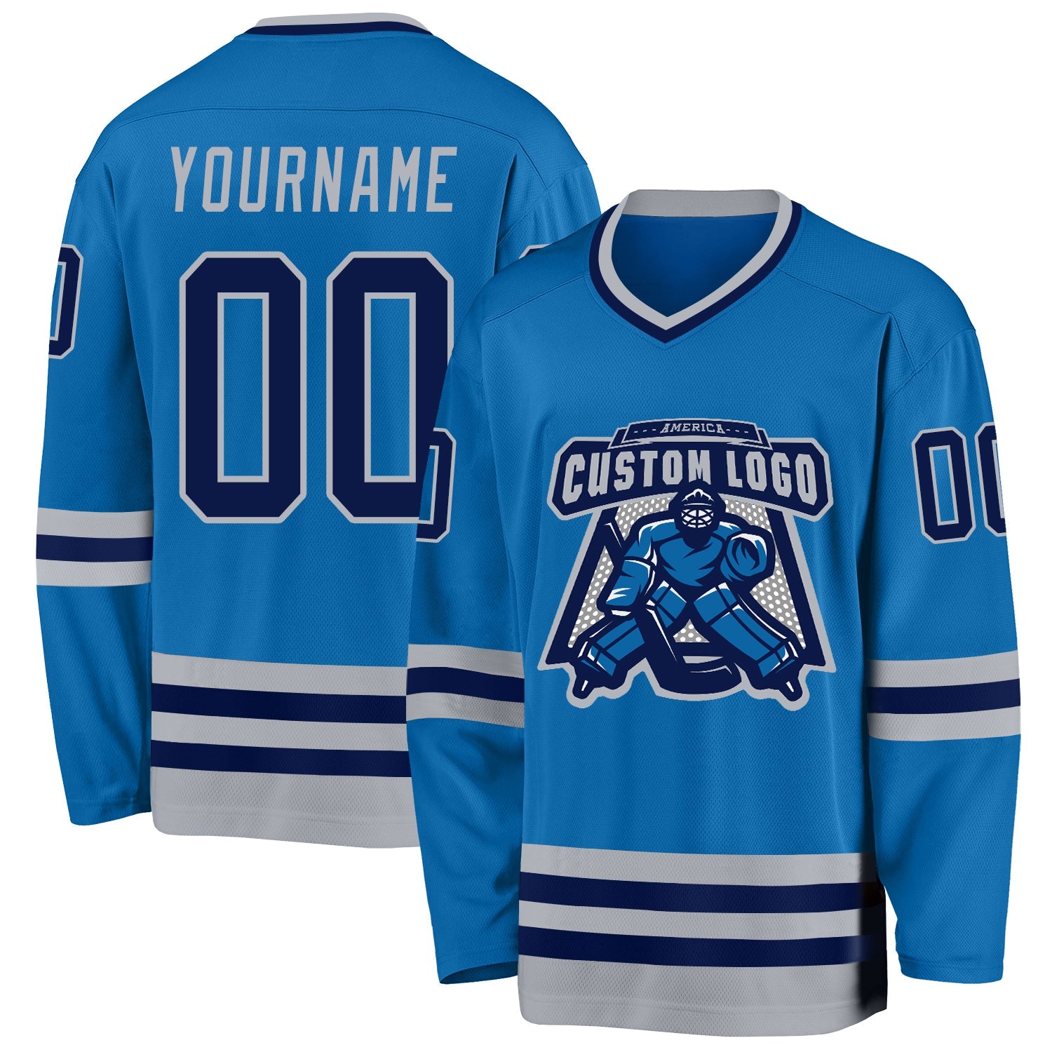 Custom Blue Navy-Gray Hockey Jersey view 2