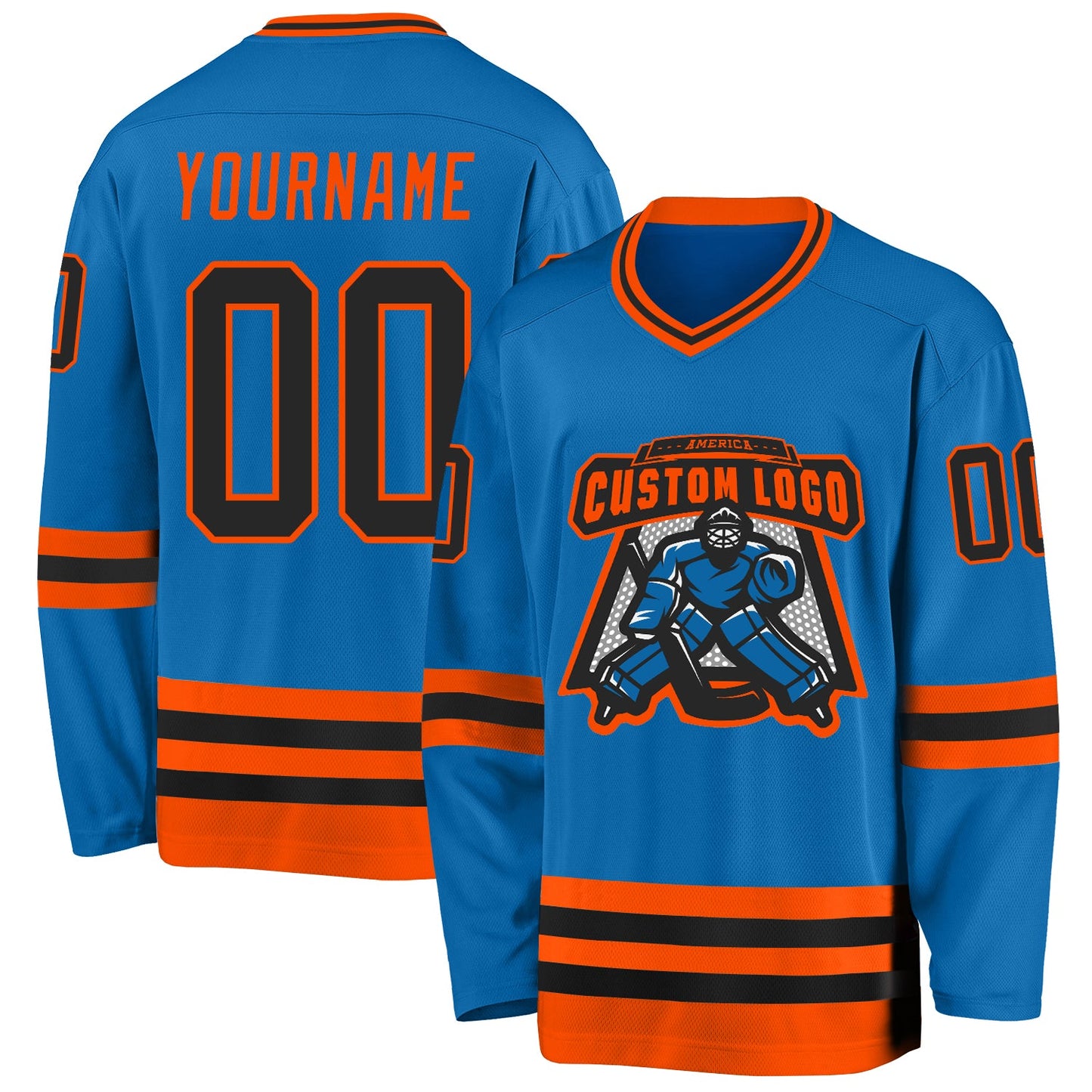 Custom Blue Black-Orange Hockey Jersey view 2