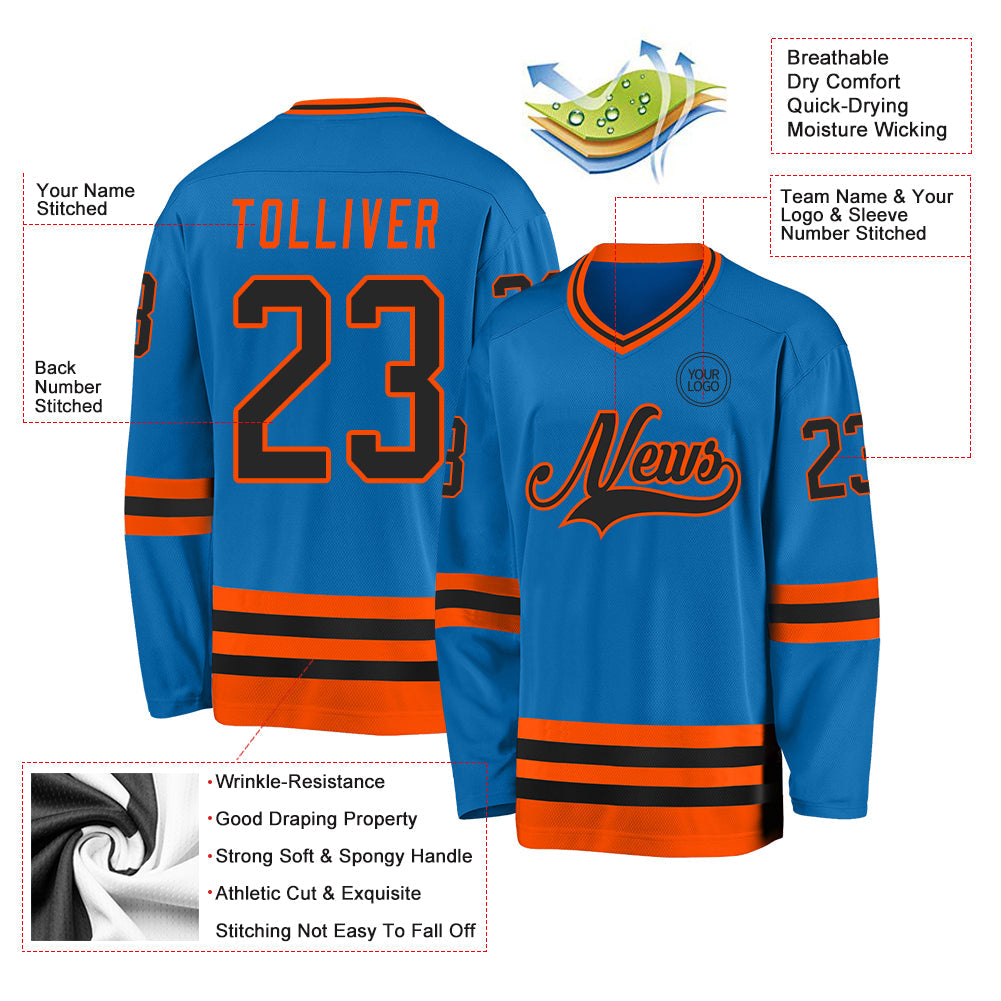 Custom Blue Black-Orange Hockey Jersey view 3