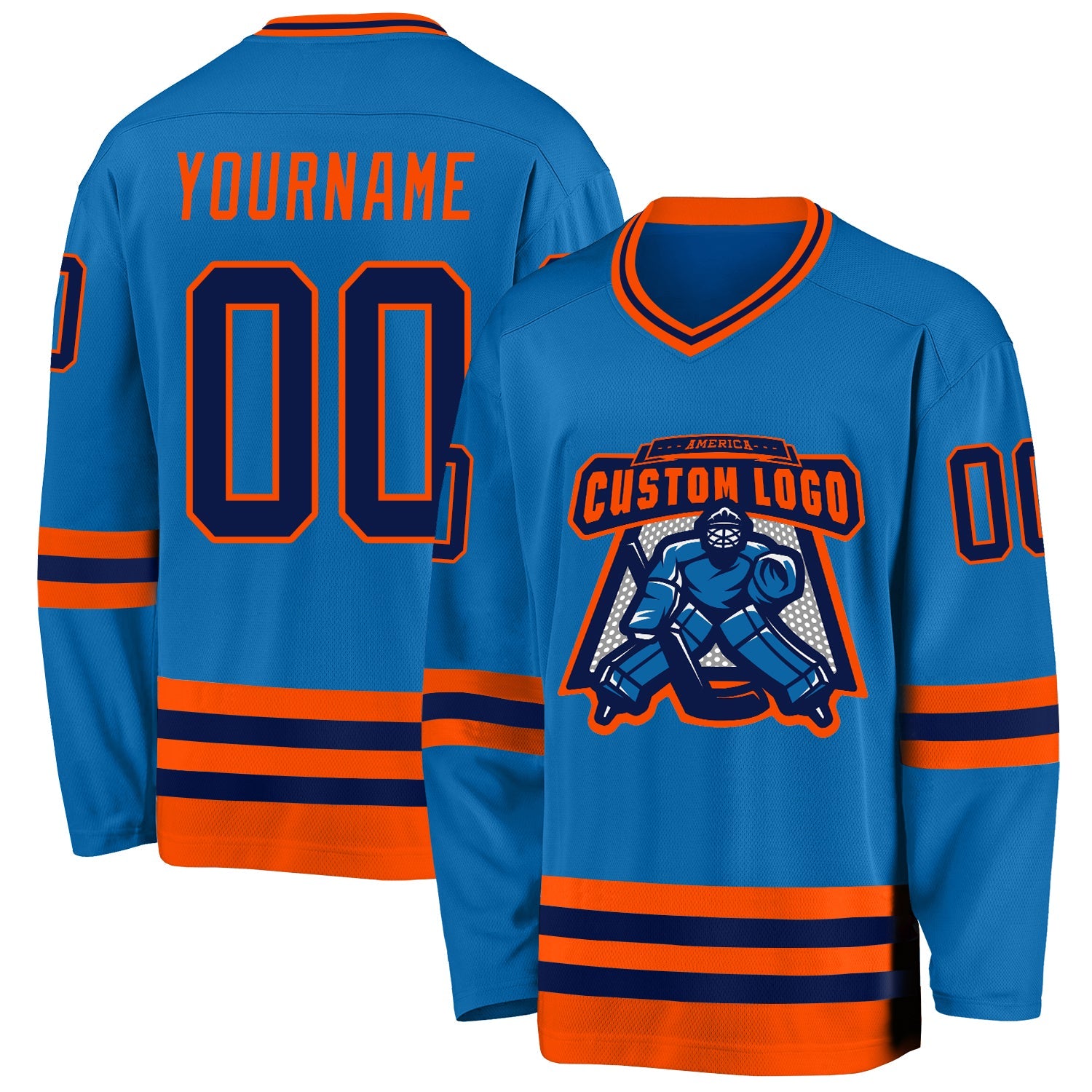 Custom Blue Navy-Orange Hockey Jersey view 2