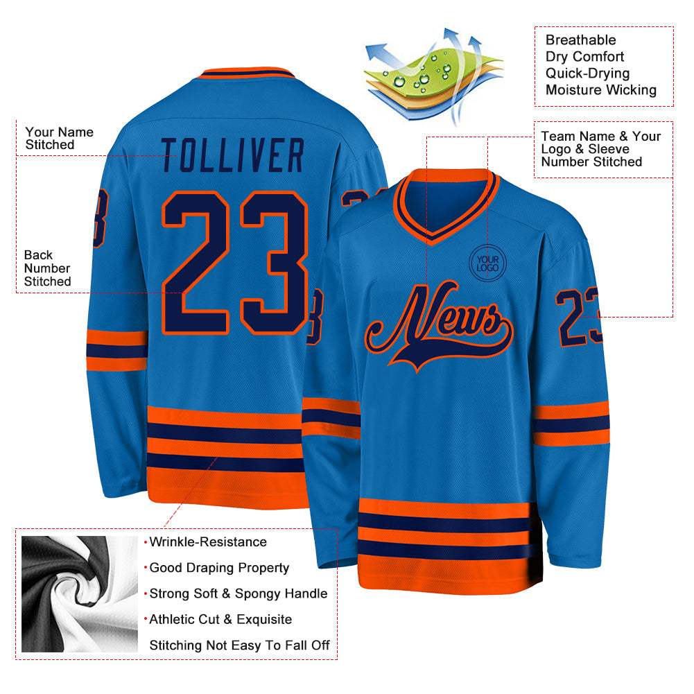 Custom Blue Navy-Orange Hockey Jersey view 3