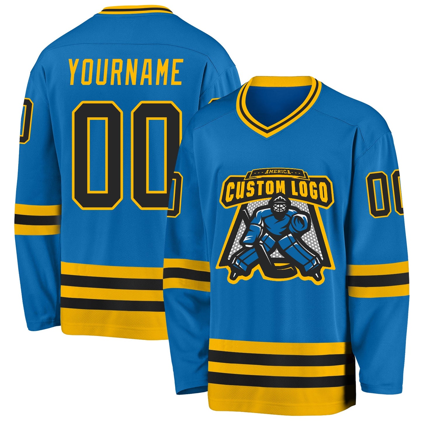 Custom Blue Black-Gold Hockey Jersey view 2