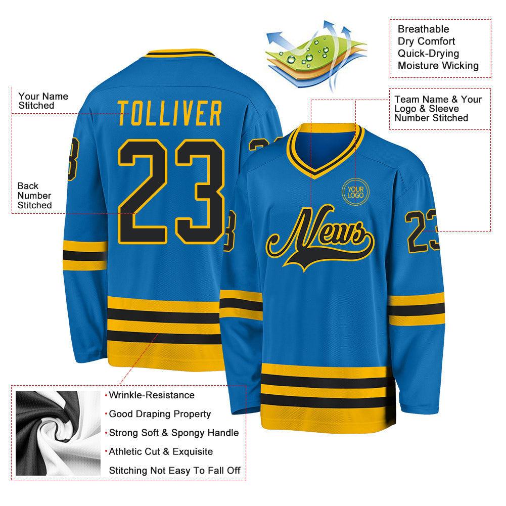 Custom Blue Black-Gold Hockey Jersey view 3