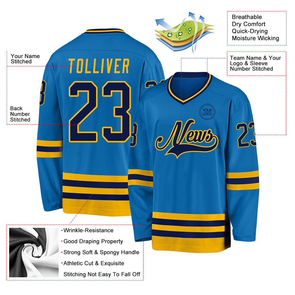 Custom Blue Navy-Gold Hockey Jersey view 3