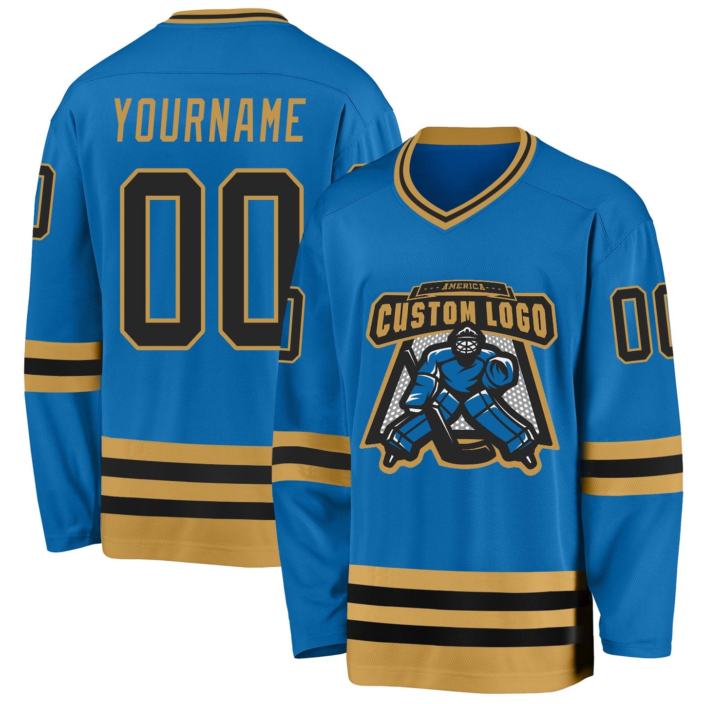 Custom Blue Black-Old Gold Hockey Jersey view 2