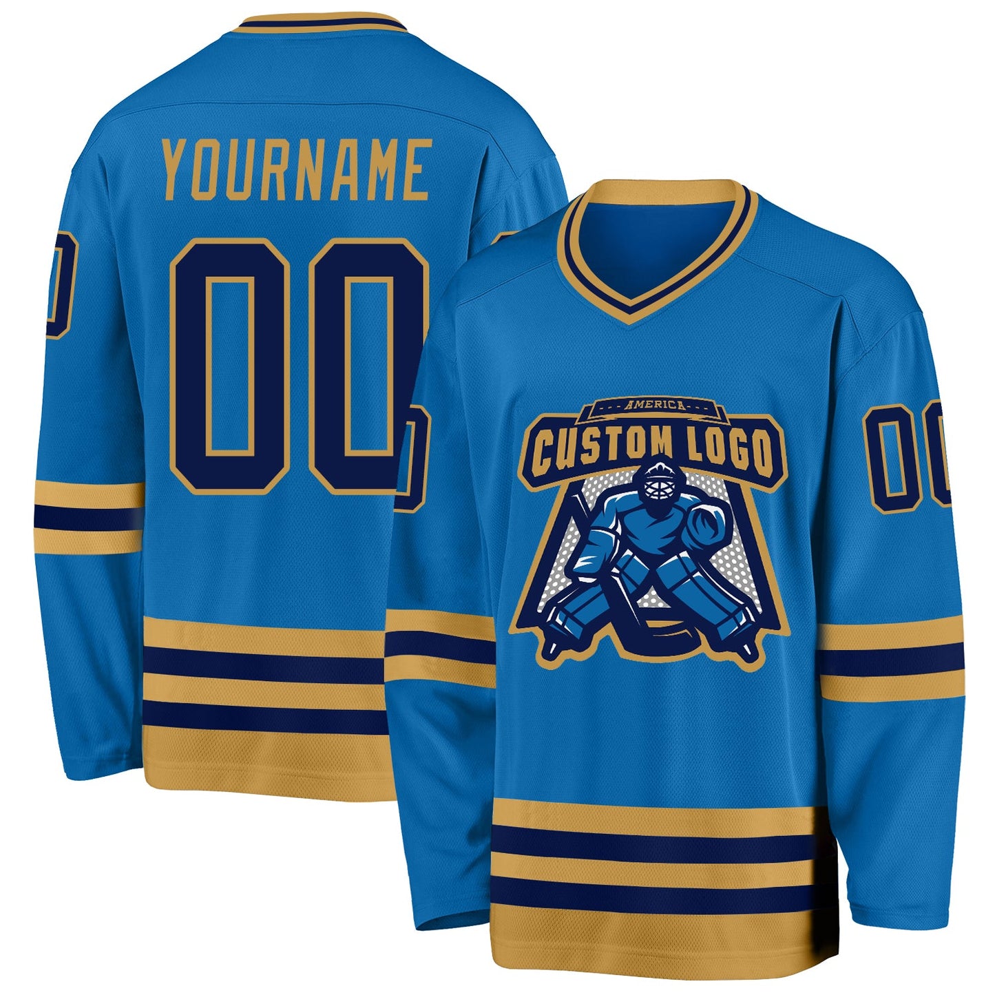 Custom Blue Navy-Old Gold Hockey Jersey view 2