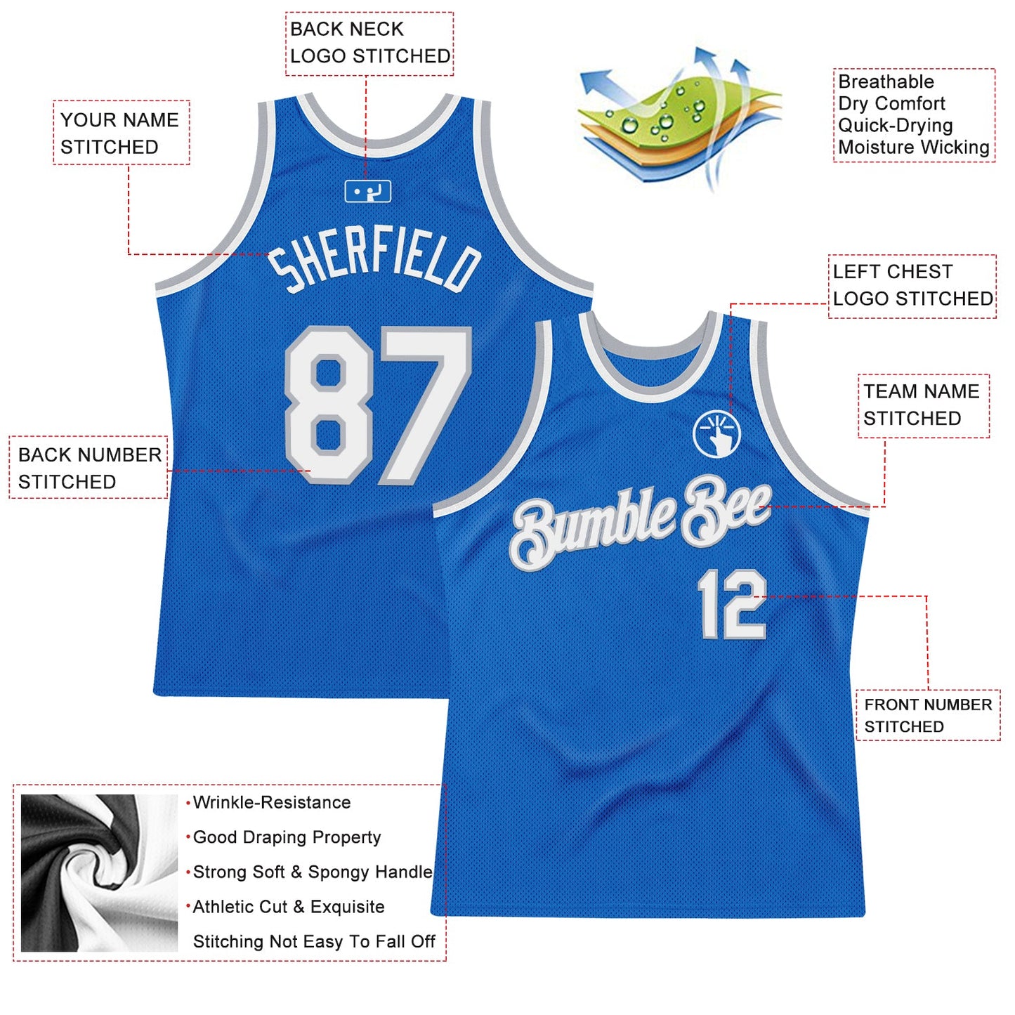 Custom Blue White-Gray Authentic Throwback Basketball Jersey view 2