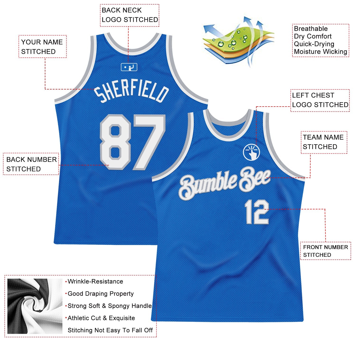 Custom Blue White-Gray Authentic Throwback Basketball Jersey view 2