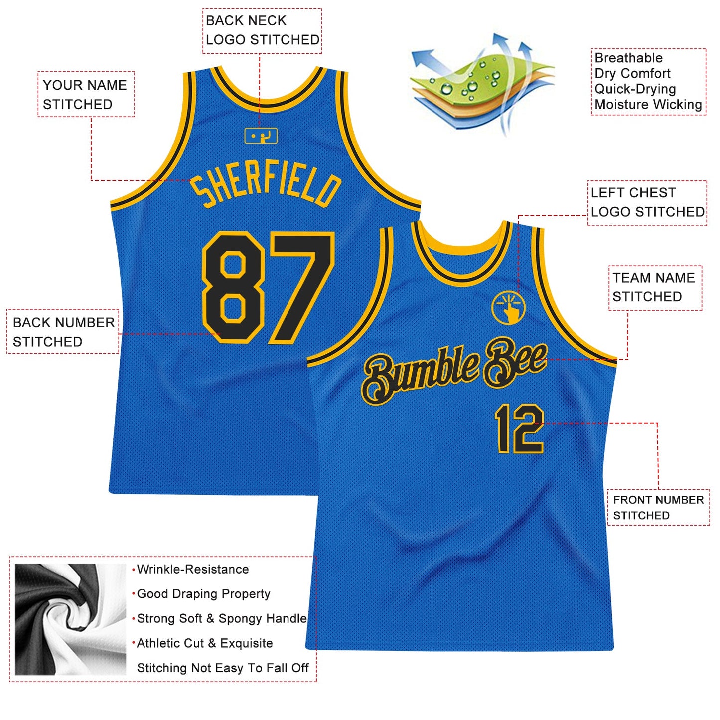Custom Blue Black-Gold Authentic Throwback Basketball Jersey view 2