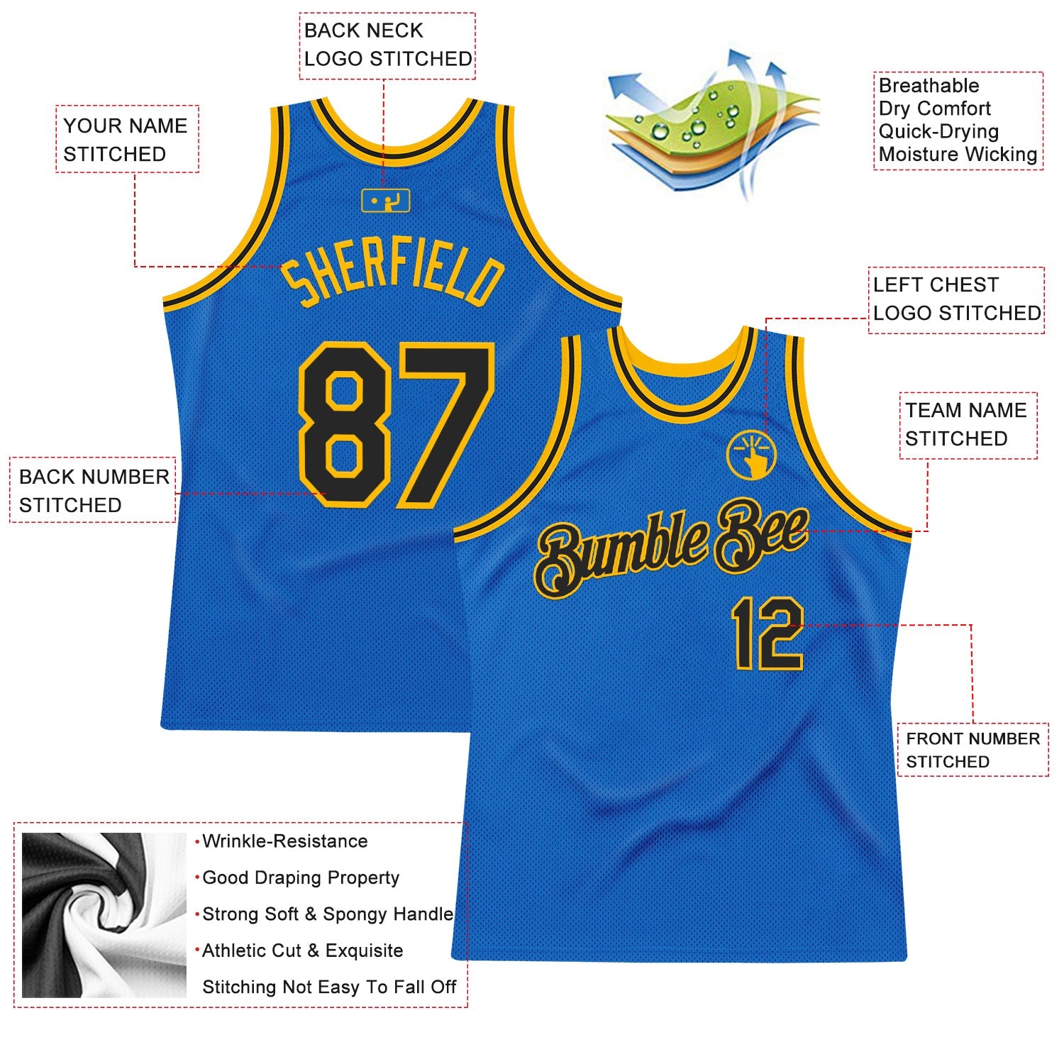 Custom Blue Black-Gold Authentic Throwback Basketball Jersey view 2