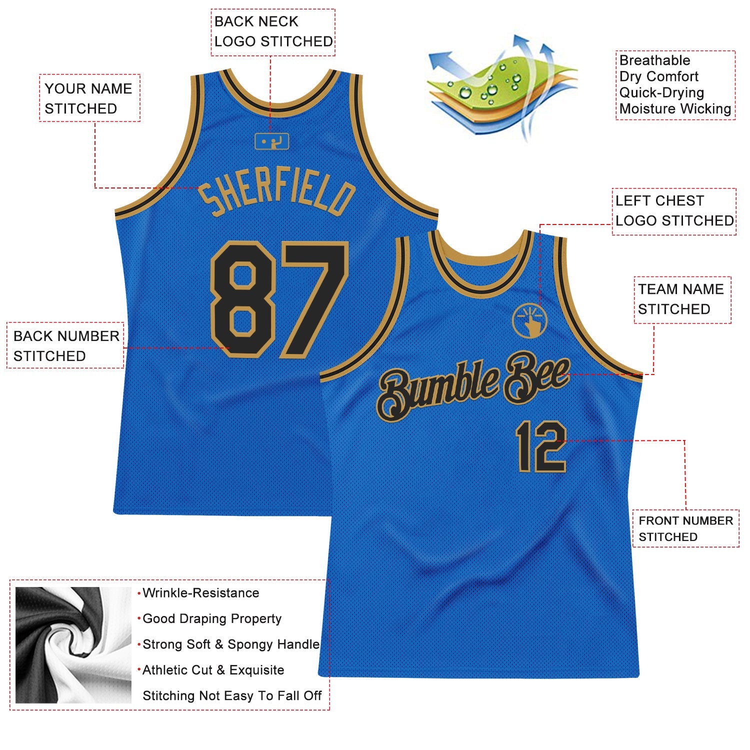 Custom Blue Black-Old Gold Authentic Throwback Basketball Jersey view 2