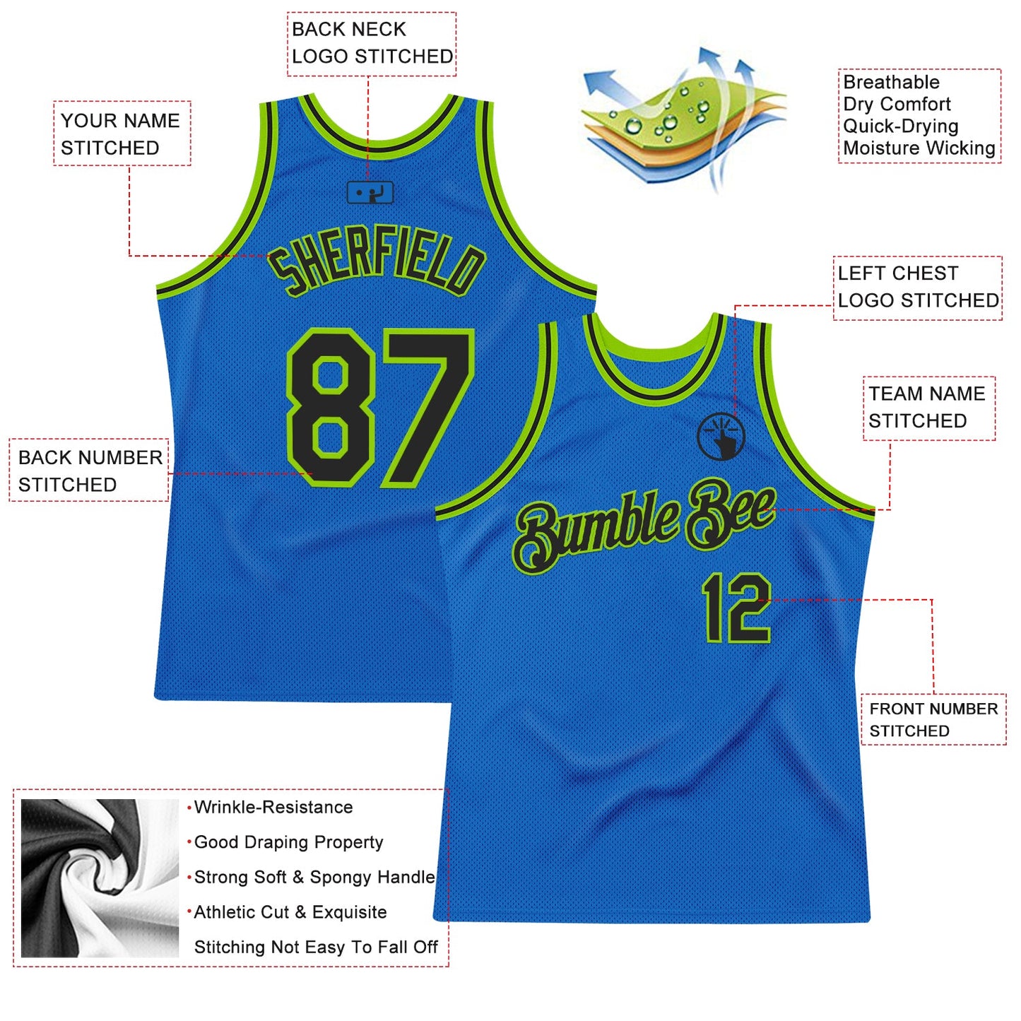 Custom Blue Black-Neon Green Authentic Throwback Basketball Jersey view 2
