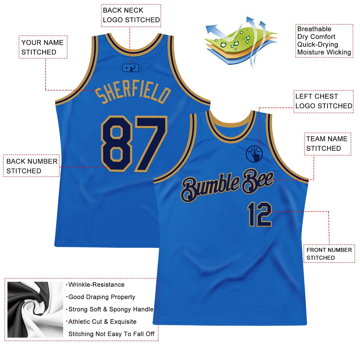 Custom Blue Navy-Old Gold Authentic Throwback Basketball Jersey view 2