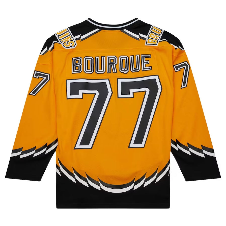 B.Bruins #77 Ray Bourque Mitchell & Ness 1996-97 Captain Patch Blue Line Player Jersey - Gold Stitched American Hockey Jerseys - Main View