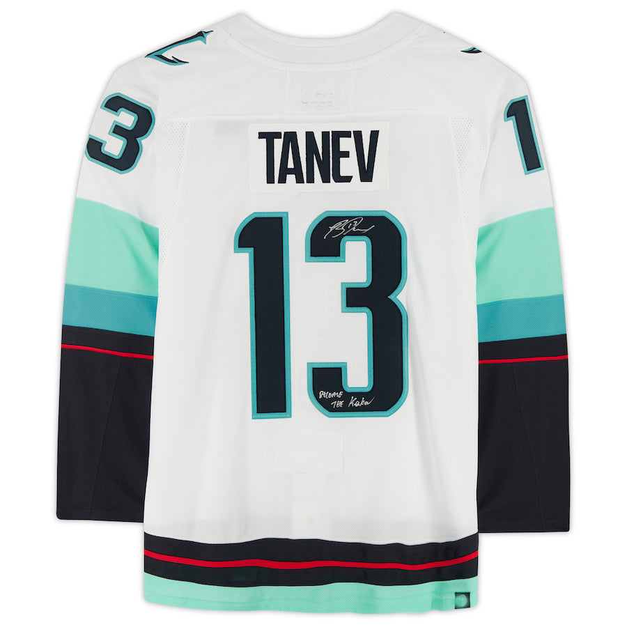 S.Kraken #13 Brandon Tanev Fanatics Authentic Autographed with Release The Kraken Inscription and Inaugural Season Jersey Patch White Stitched American Hockey Jerseys - Main View