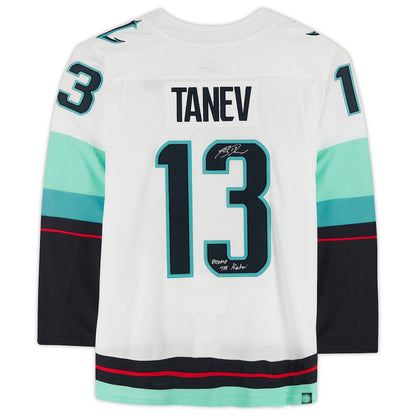 S.Kraken #13 Brandon Tanev Fanatics Authentic Autographed with Release The Kraken Inscription and Inaugural Season Jersey Patch White Stitched American Hockey Jerseys - Main View