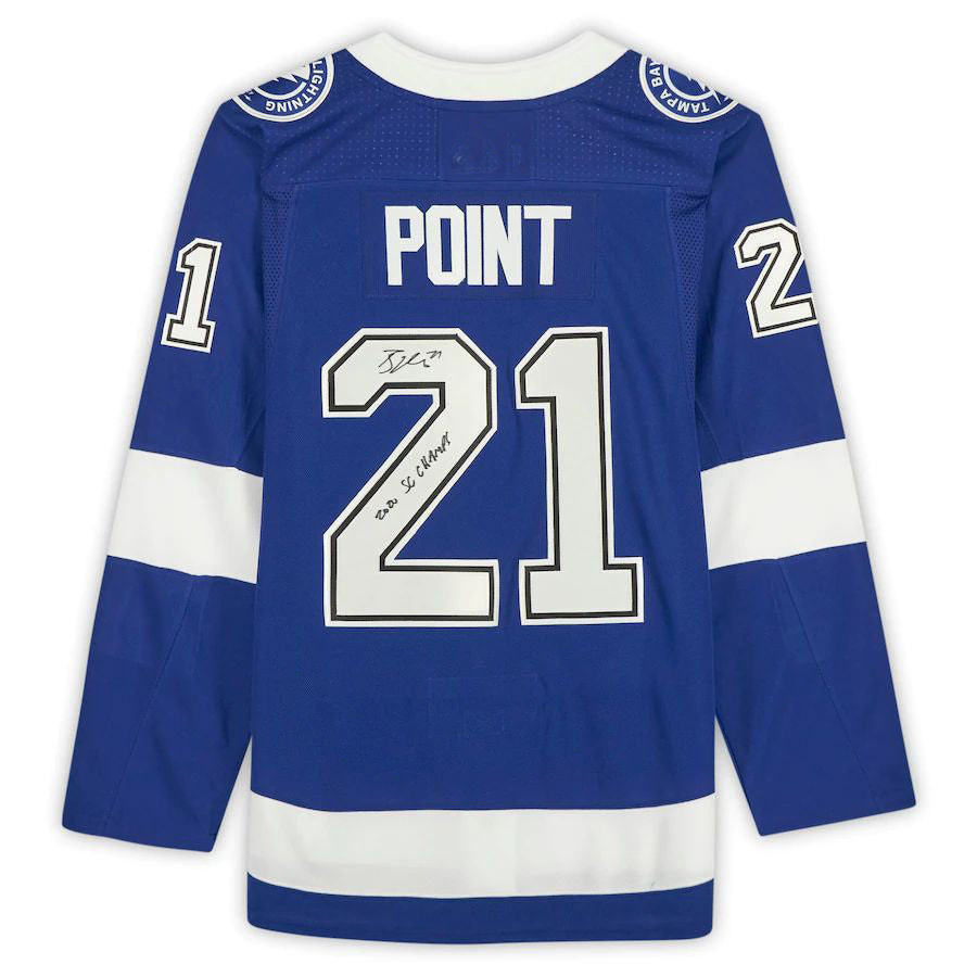 TB.Lightning #21 Brayden Point Fanatics Authentic Autographed with 2020 SC Champs Inscription Blue Stitched American Hockey Jerseys - Main View