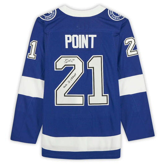 TB.Lightning #21 Brayden Point Fanatics Authentic Autographed with 2020 SC Champs Inscription Blue Stitched American Hockey Jerseys - Main View