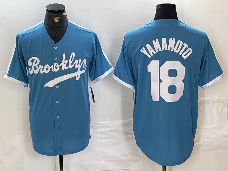 Brooklyn Dodgers #18 Yoshinobu Yamamoto Light Blue Cooperstown Collection Cool Base Baseball Jerseys - Main View