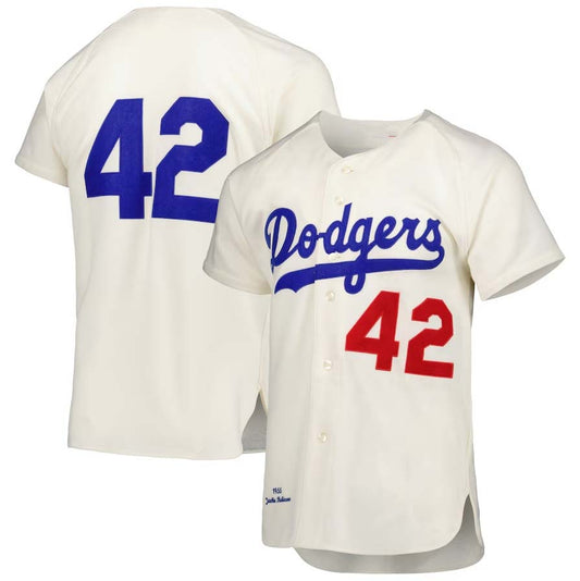 Brooklyn Dodgers #42 Jackie Robinson Mitchell & Ness 1955 Cooperstown Collection Authentic Jersey - Cream Stitched Baseball Jersey - Main View