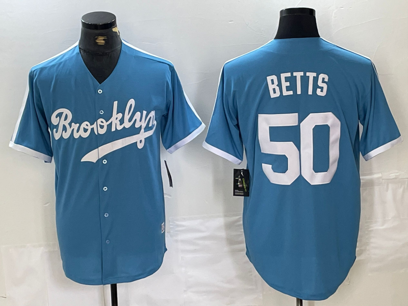 Brooklyn Dodgers #50 Mookie Betts Light Blue Cooperstown Collection Cool Base Baseball Jerseys - Main View