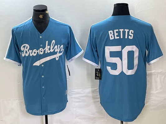 Brooklyn Dodgers #50 Mookie Betts Light Blue Cooperstown Collection Cool Base Baseball Jerseys - Main View
