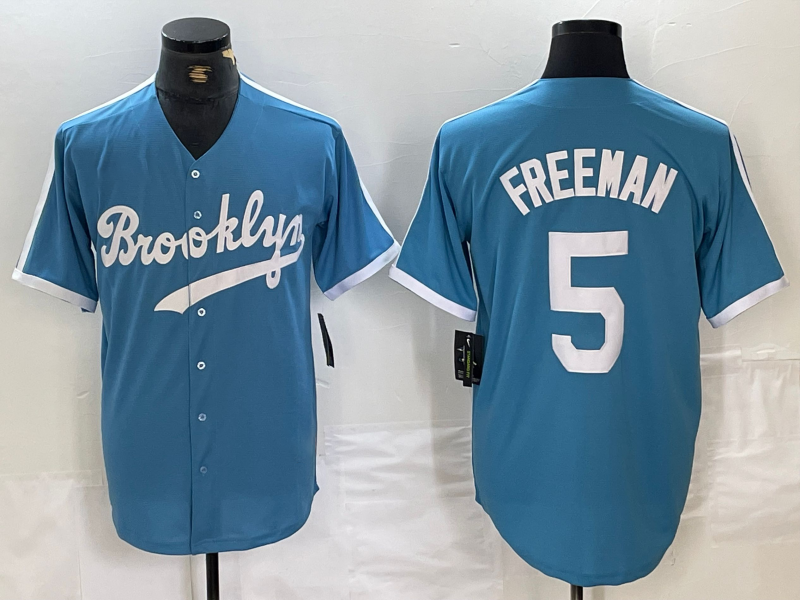 Brooklyn Dodgers #5 Freddie Freeman Light Blue Cooperstown Collection Cool Base Baseball Jerseys - Main View