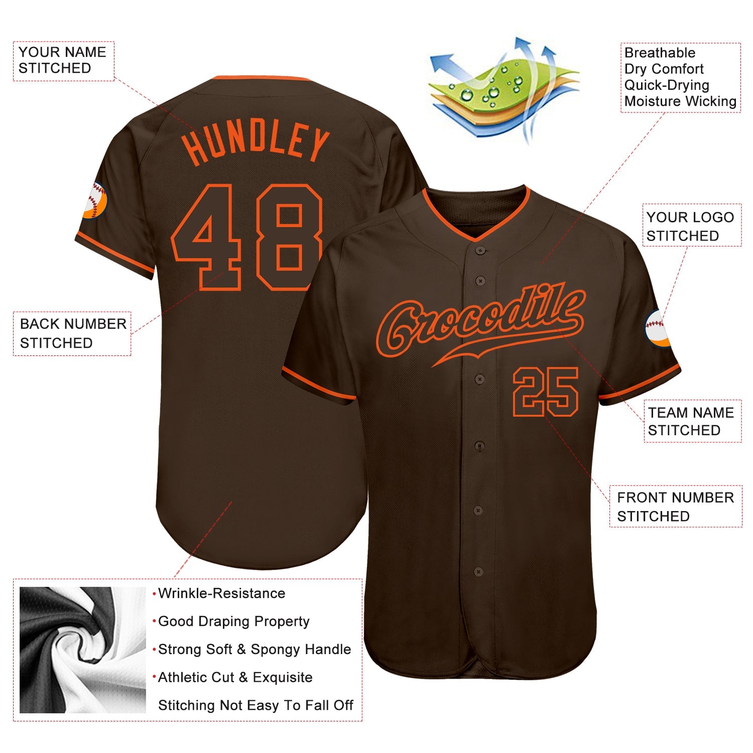 Custom Brown Brown-Orange Authentic Baseball Jersey view 3
