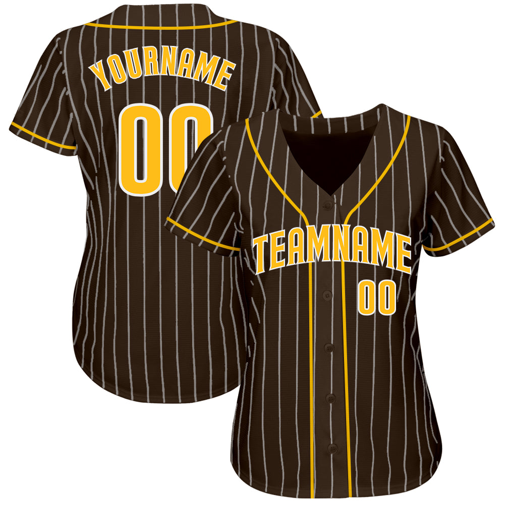 Custom Brown White Pinstripe Gold-White Authentic Baseball Jersey view 2