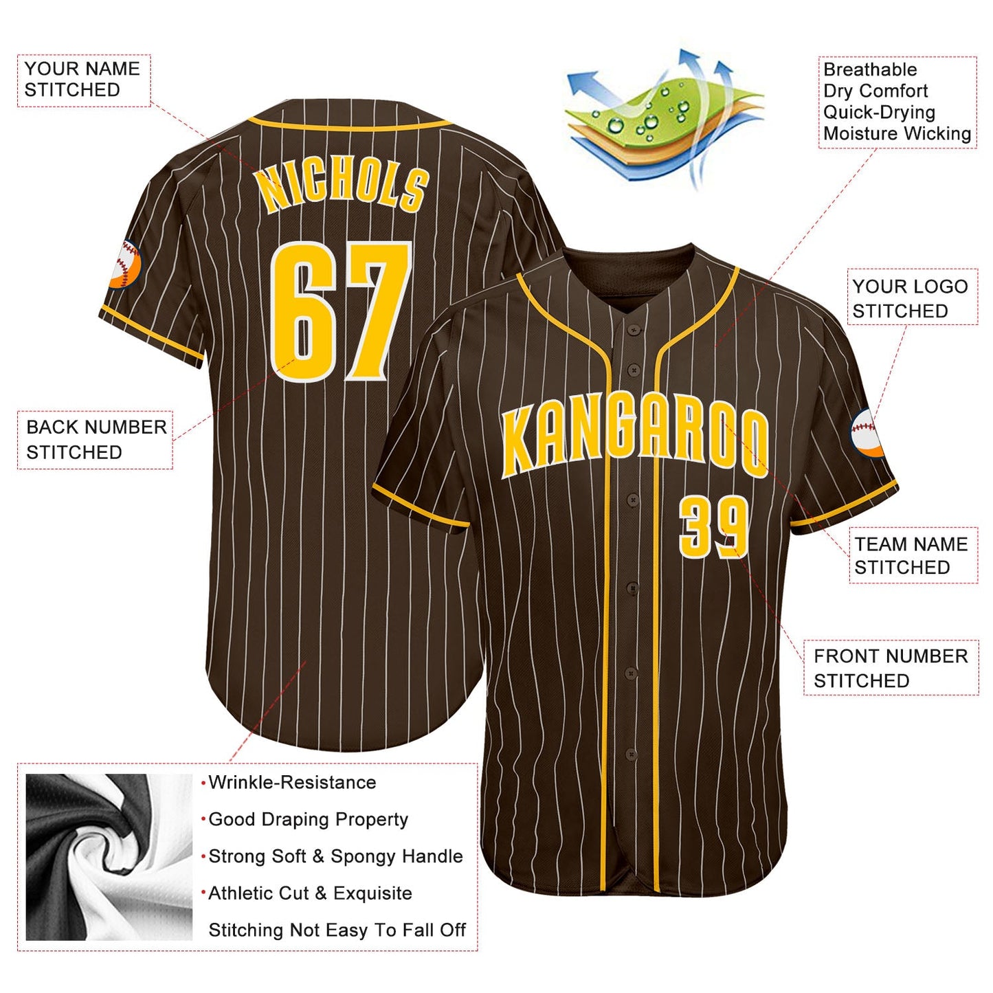 Custom Brown White Pinstripe Gold-White Authentic Baseball Jersey view 3