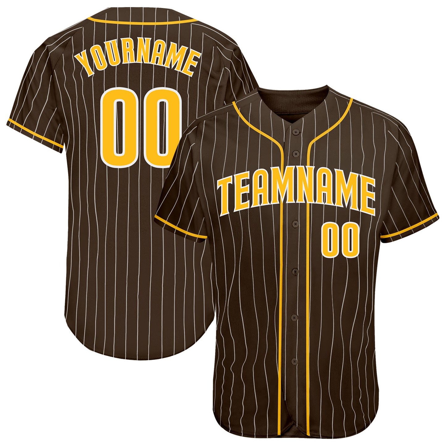 Custom Brown White Pinstripe Gold-White Authentic Baseball Jersey - Main View