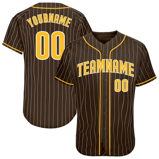 Custom Brown White Pinstripe Gold-White Authentic Baseball Jersey - Main View