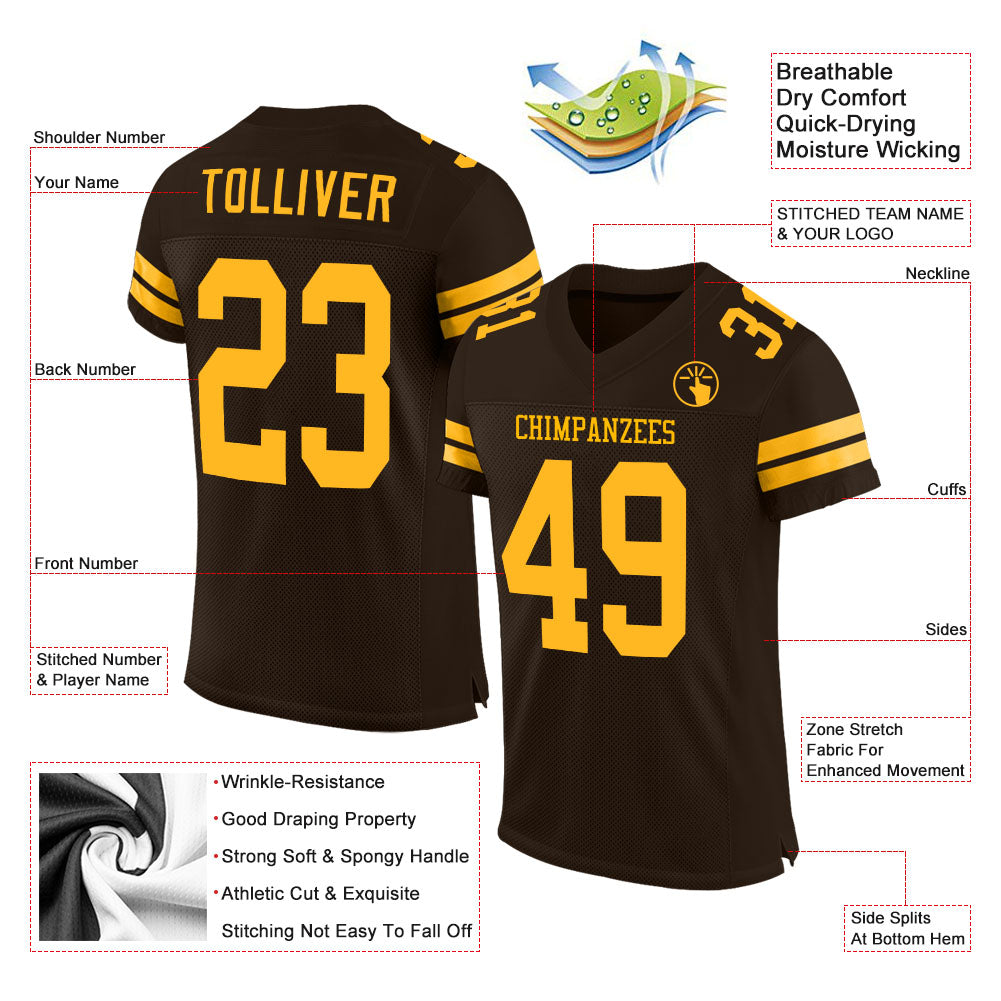 Custom Brown Gold Mesh Authentic Football Jersey view 3